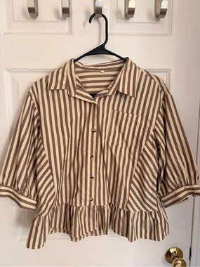 Striped Ruffle Hem Button-Down Shirt - Cream & Brown